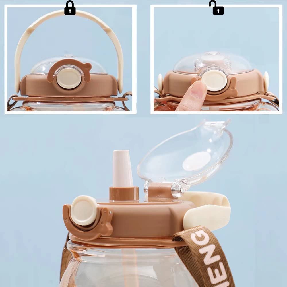 Dreamfocus Cute Bear Water Bottles with Straw, 3D Stickers and Strap, Kawaii Water Bottle for Kids School Boys Girls