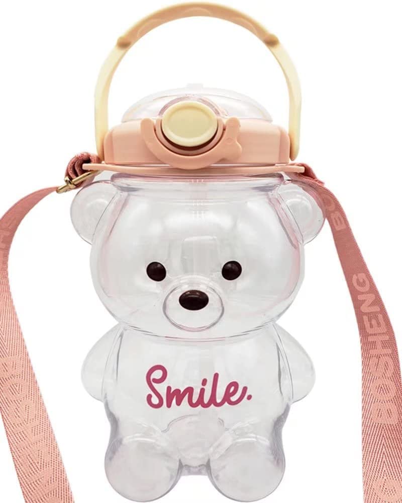 Dreamfocus Cute Bear Water Bottles with Straw, 3D Stickers and Strap, Kawaii Water Bottle for Kids School Boys Girls