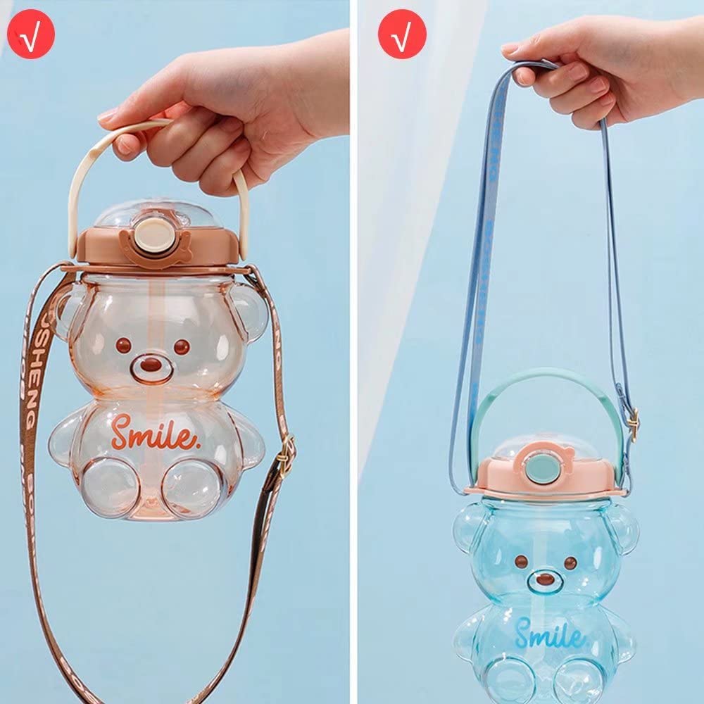 Dreamfocus Cute Bear Water Bottles with Straw, 3D Stickers and Strap, Kawaii Water Bottle for Kids School Boys Girls
