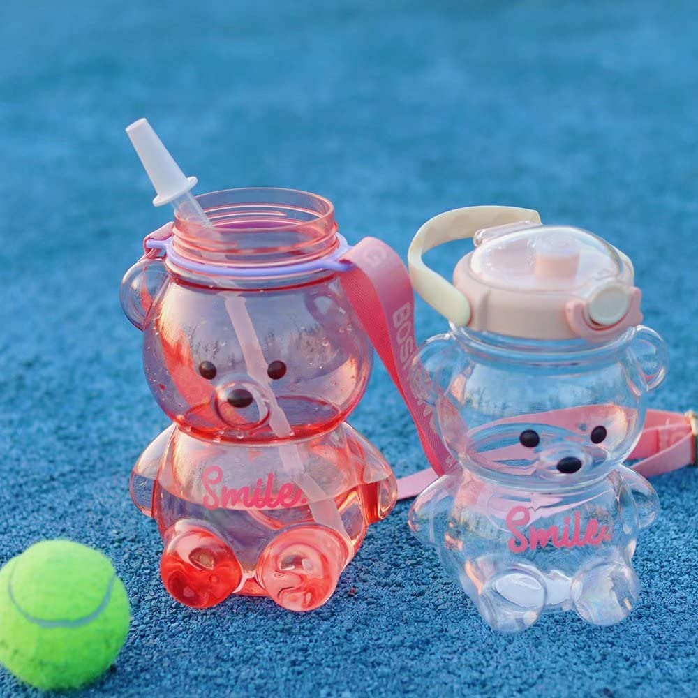 Dreamfocus Cute Bear Water Bottles with Straw, 3D Stickers and Strap, Kawaii Water Bottle for Kids School Boys Girls