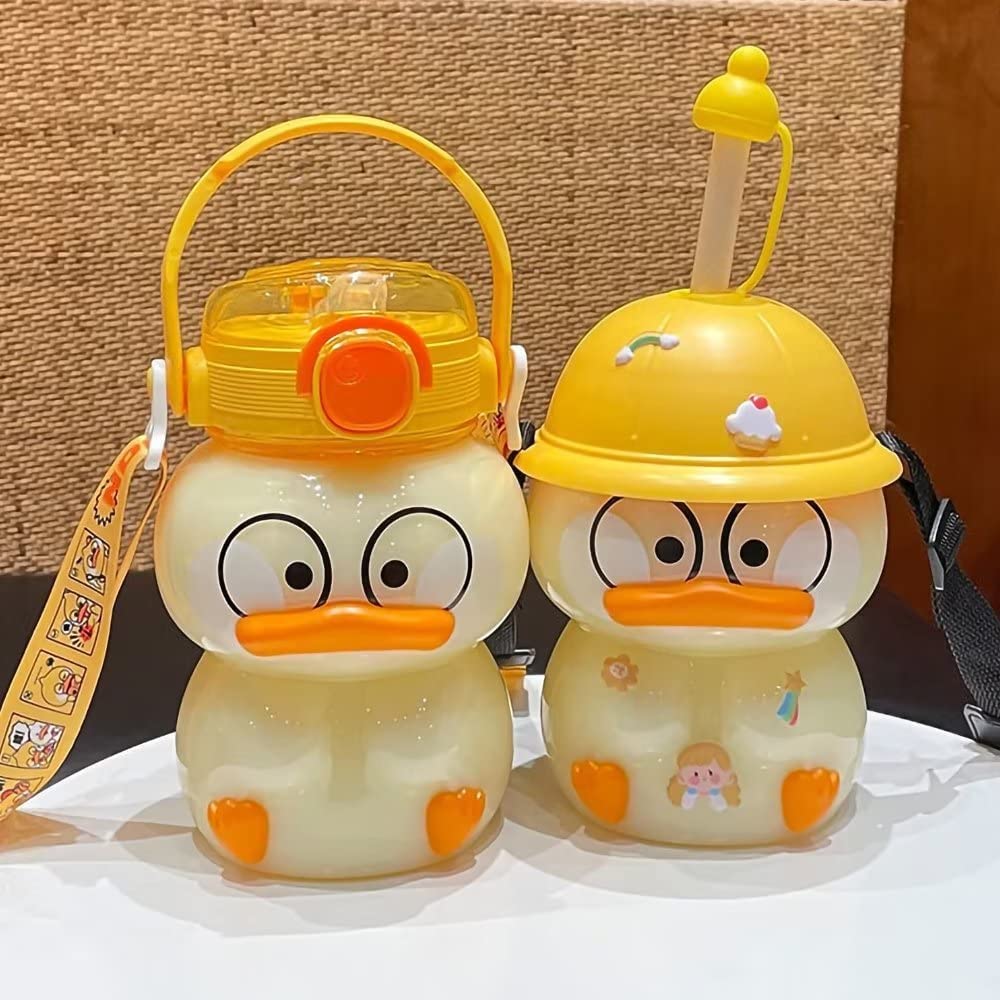 Dreamfocus Cute Duck Water Bottles with Straws and Adjustable Strap