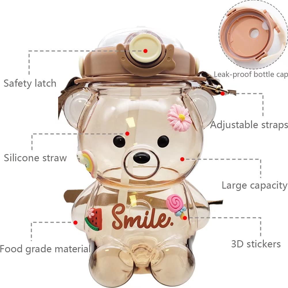 Dreamfocus Cute Bear Water Bottles with Straw, 3D Stickers and Strap, Kawaii Water Bottle for Kids School Boys Girls