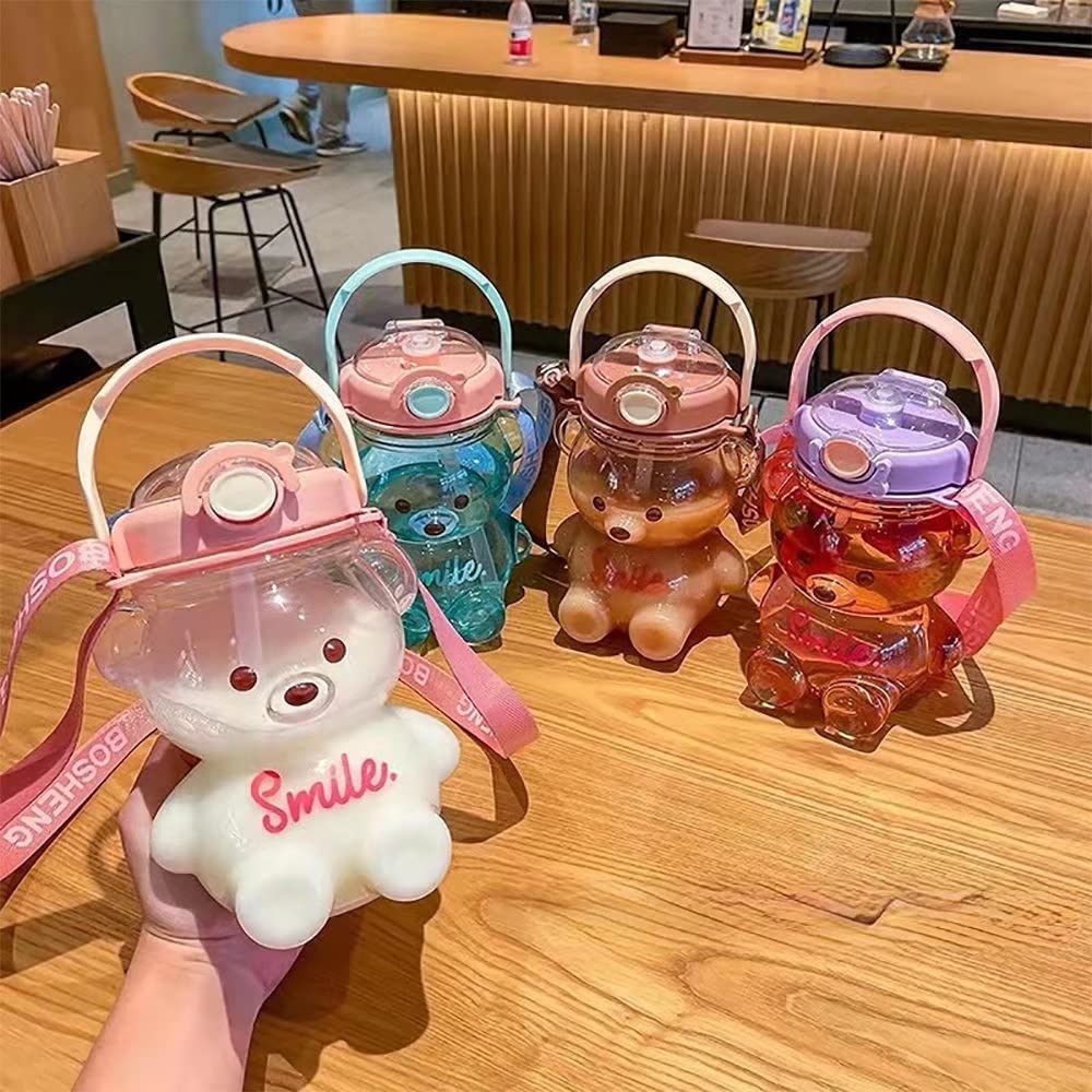 Dreamfocus Cute Bear Water Bottles with Straw, 3D Stickers and Strap, Kawaii Water Bottle for Kids School Boys Girls