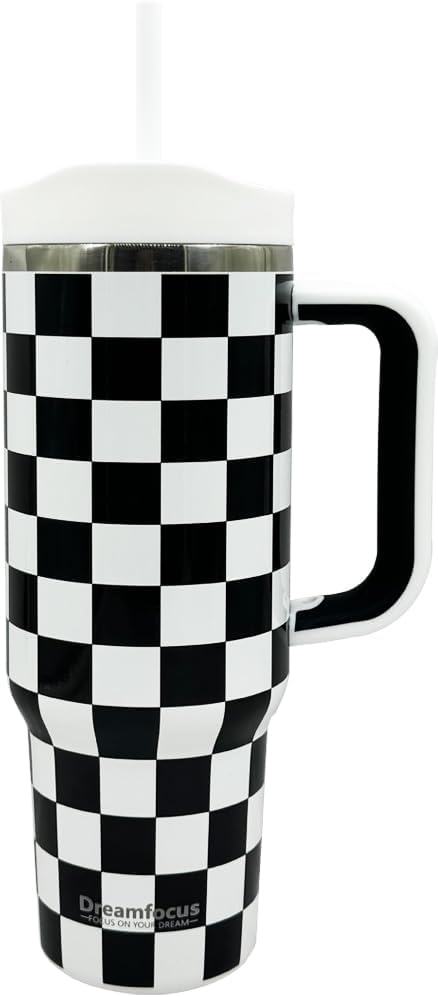 40 oz Stainless Steel Vacuum Insulated Tumbler with Handle and Straw, Upgraded Lid Automatic Rebound, Water Bottle Cup Travel Coffee Mug Black and White Checkered