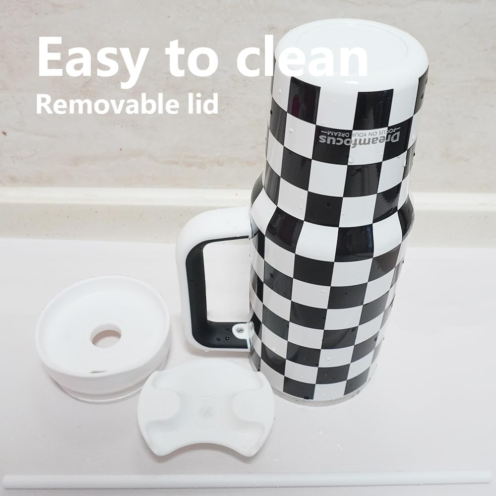 40 oz Stainless Steel Vacuum Insulated Tumbler with Handle and Straw, Upgraded Lid Automatic Rebound, Water Bottle Cup Travel Coffee Mug Black and White Checkered