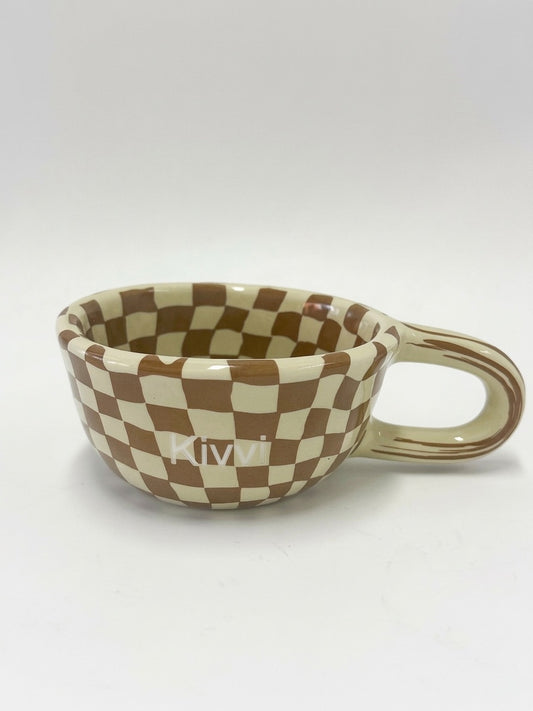 Kivvi Checkerboard Ceramic Coffee Mug, Retro Brown Porcelain Tea Cup, Microwave and Oven Safe Water Mug for Home and Office Use