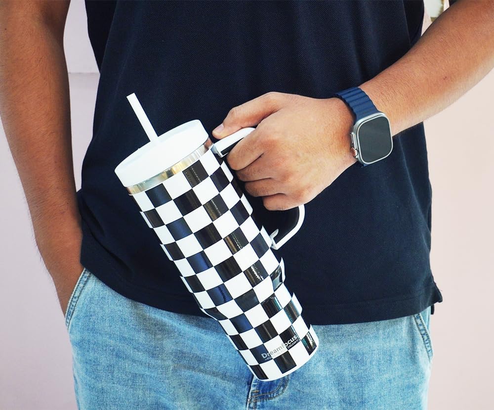 40 oz Stainless Steel Vacuum Insulated Tumbler with Handle and Straw, Upgraded Lid Automatic Rebound, Water Bottle Cup Travel Coffee Mug Black and White Checkered