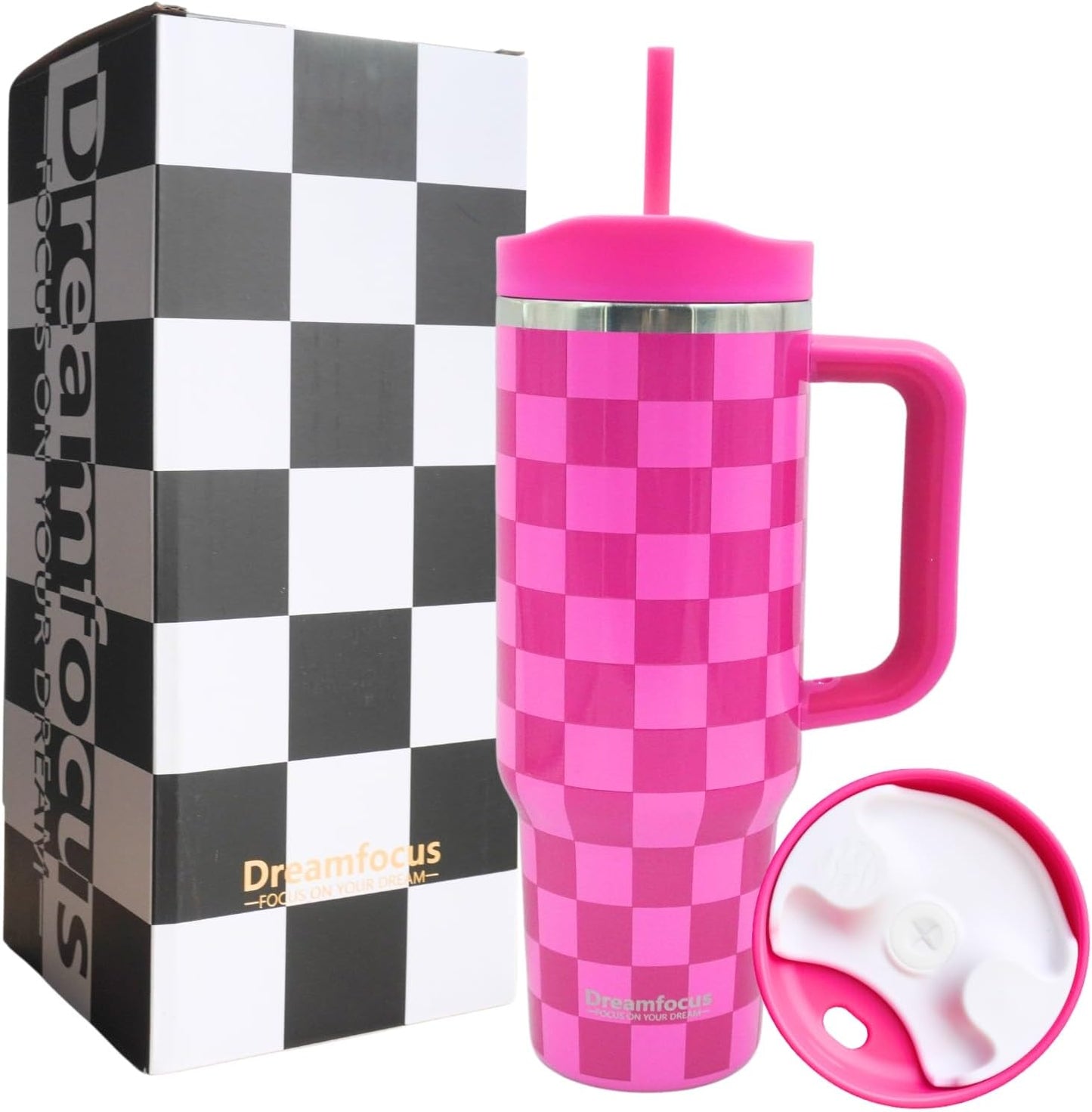 40 oz Stainless Steel Vacuum Insulated Tumbler with Handle and Straw, Upgraded Lid Automatic Rebound, Water Bottle Cup Travel Coffee Mug Black and White Checkered