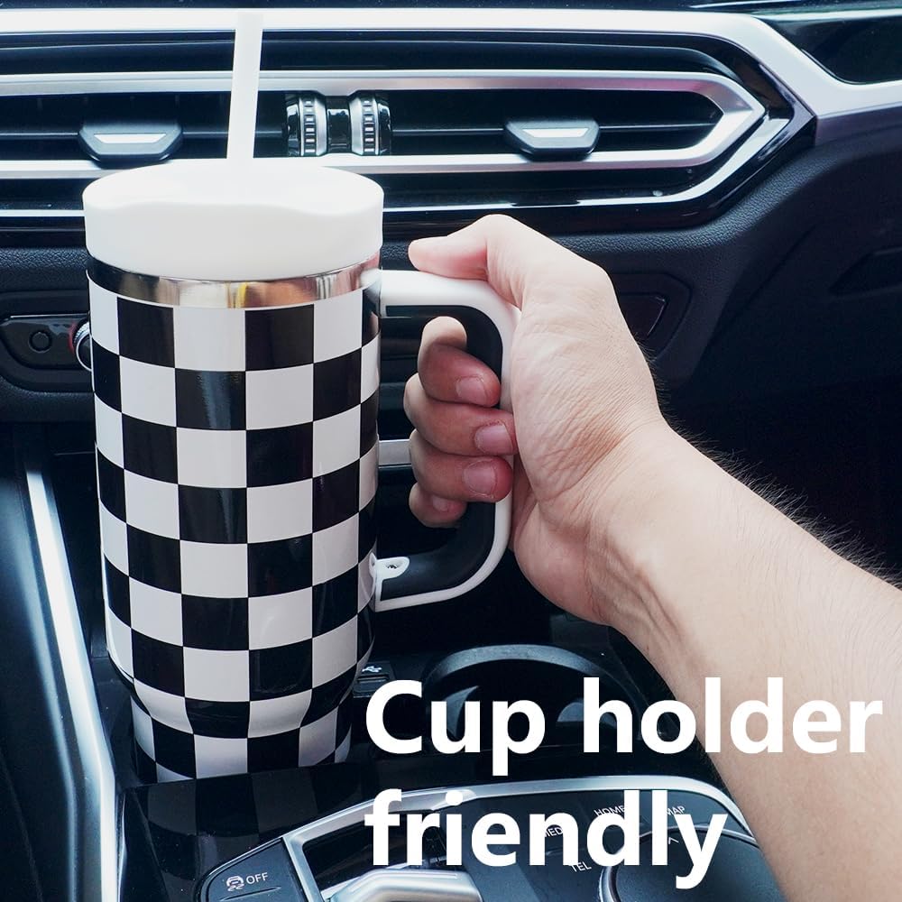 40 oz Stainless Steel Vacuum Insulated Tumbler with Handle and Straw, Upgraded Lid Automatic Rebound, Water Bottle Cup Travel Coffee Mug Black and White Checkered
