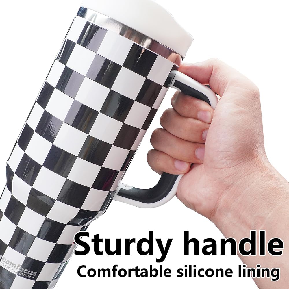 40 oz Stainless Steel Vacuum Insulated Tumbler with Handle and Straw, Upgraded Lid Automatic Rebound, Water Bottle Cup Travel Coffee Mug Black and White Checkered