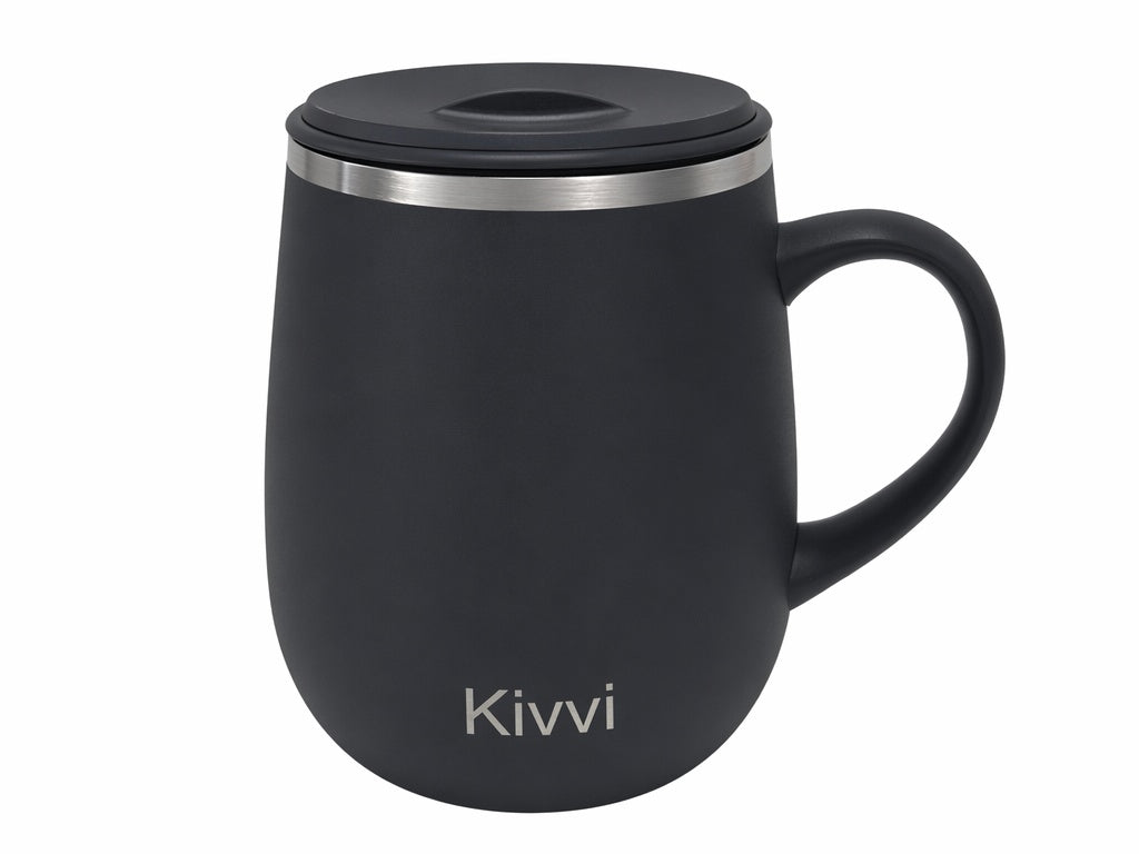 Kivvi Insulated Coffee Mug with Handle, 16oz Double Wall Vacuum Stainless Steel Travel Tumbler, Spill-Proof Cup for Office, Commute, and Home, Black