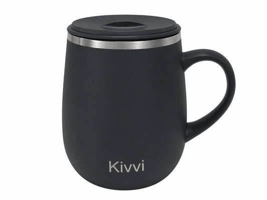 Kivvi Insulated Coffee Mug with Handle, 16oz Double Wall Vacuum Stainless Steel Travel Tumbler, Spill-Proof Cup for Office, Commute, and Home, Black