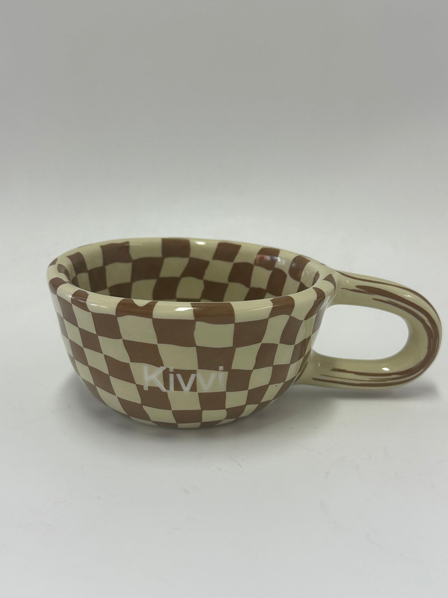 Kivvi Checkerboard Ceramic Coffee Mug, Retro Brown Porcelain Tea Cup, Microwave and Oven Safe Water Mug for Home and Office Use