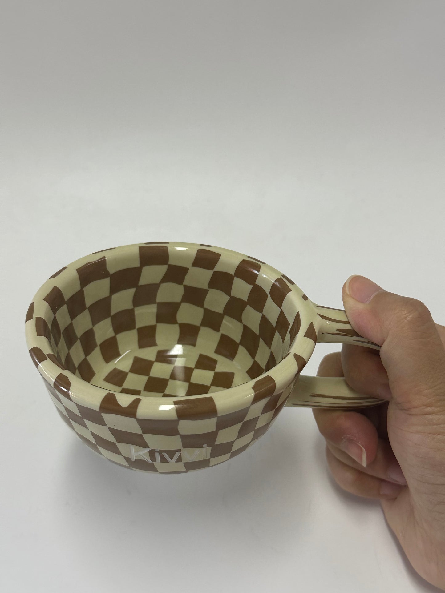Kivvi Checkerboard Ceramic Coffee Mug, Retro Brown Porcelain Tea Cup, Microwave and Oven Safe Water Mug for Home and Office Use