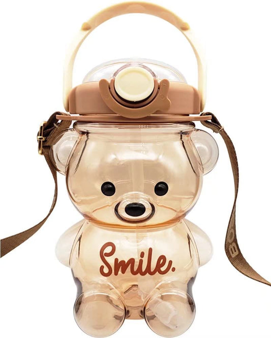 Botellas de agua Dreamfocus con forma de oso, pajita, pegatinas 3D y correa, botella de agua kawaii para niños, niñas y niños en edad escolar 